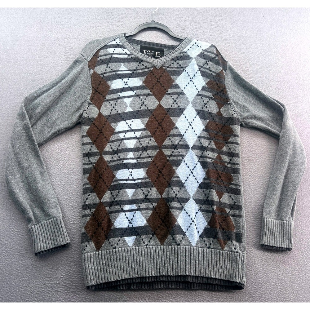 BKE Sweater Mens M Argyle V Neck Gray Brown Cotton Long Sleeve
